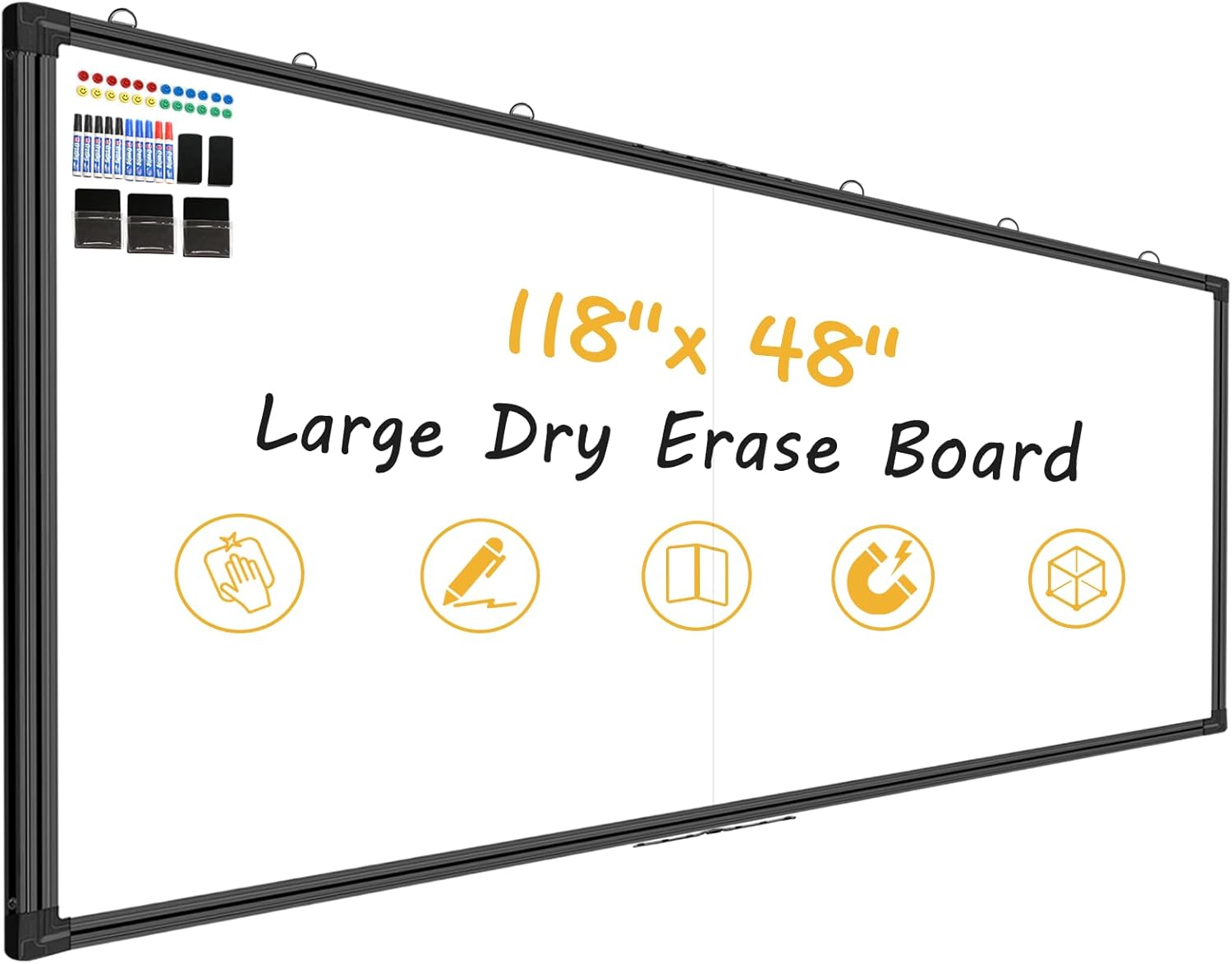 118"X48" Large Magnetic Whiteboard - Dry Erase Board, 10x4 Feet, Foldable Design, Non-Reflective Coated Surface Ultra-Wide Office White Board, Black Frame for Media Centers