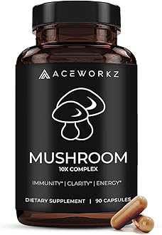 ACEWORKZ Mushroom Complex Supplement 14,500mg - Organic 10 Mushroom Blend with Lion’s Mane and BioPerine, Reishi & Cordyceps – Memory, Focus & Immune Support for Enhanced Absorption (60 Capsules)