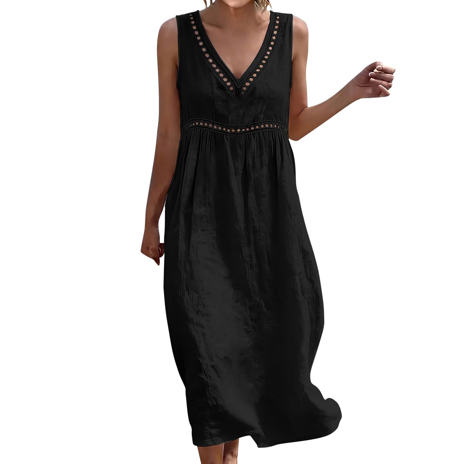 Generico Vestidos Largos Mujer Elegante Curvy Vestidos Sin Mangas Elegante | Vestido de playa casual suave de color liso vestido de cuello en V Boho Chic Ligero Ropa Transpirable Suelto Vacaciones Playa