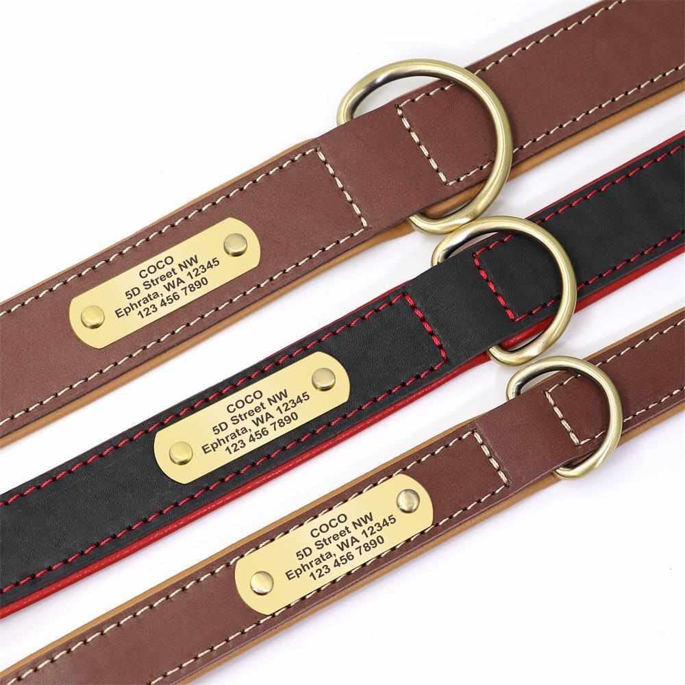 Exklusives Leder Hundehalsband mit großer Gravurplatte und gratis Gravur von Name und Telefon, für mittlere und große Hunde Schwarz/L 43-55cm