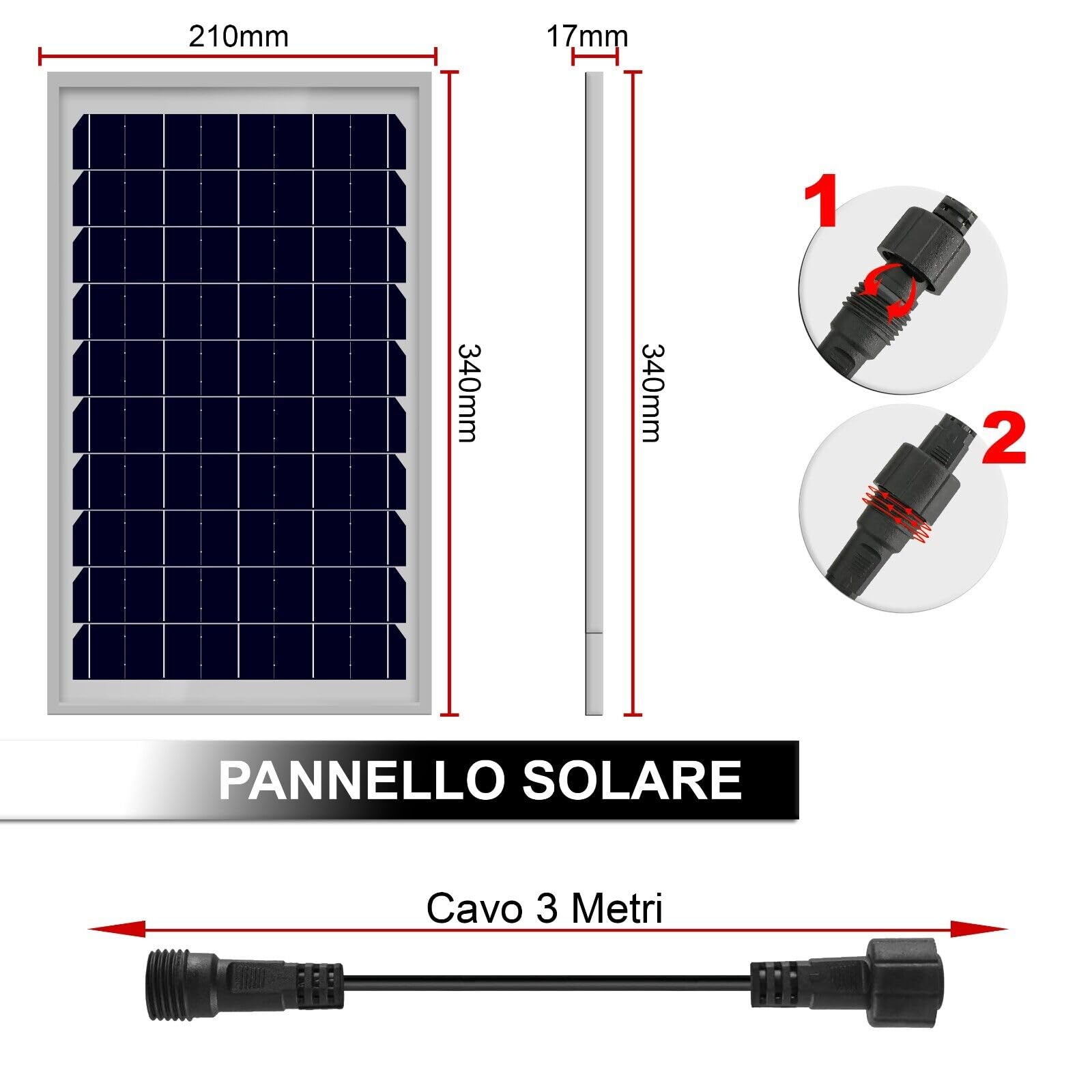 Faro Solare da Esterno 100W con Pannello Solare Monocristallino Led Esterno Impermeabile IP67 336 Macro Leds Faro Luce Fredda 6500K 10 Ore Autonomia Sensore Crepuscolare Supporti (U)