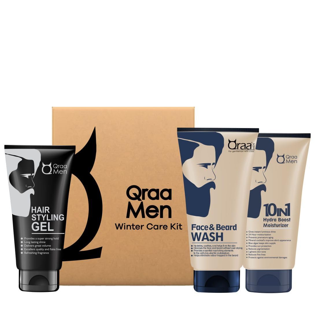 Qr.aa Men Winter Care Kit (Value Pack) for Glowing & Moisturised Skin | Ideal Gift Set for Men (Face and Beard Wash, 10 in 1 Hydra Moisturizer, Hair Styling Gel) 100gm X3 | Pack of 3