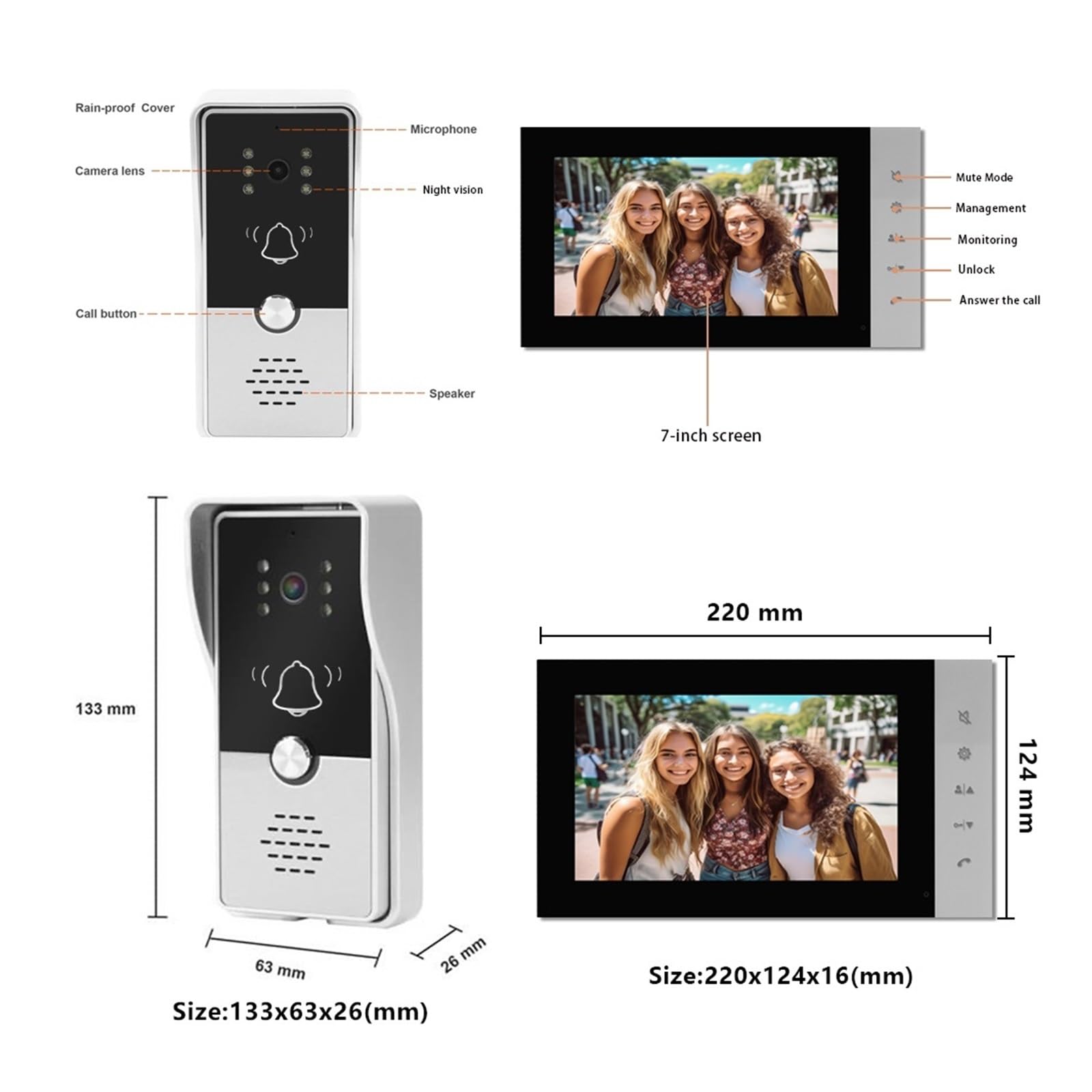 Sonnette Vidéo 720p, Écran Couleur 7 Pouces, Interphone Domestique, Vision Nocturne Intelligente Haute Définition, Système De Contrôle D'accès Électronique