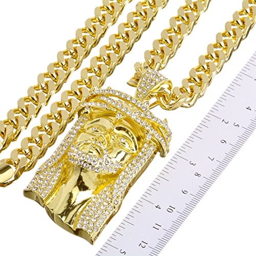 Hip Hop Fashion Iced Out Rapper 14K Gold Plated Iced Jesus Pendant 30" Heavy Cuban Chain Necklace HC 6003 G2