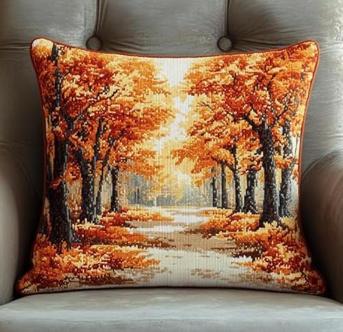 FanZheZhe DIY Embroidery Cushion Pillow Case Autumn Landscape Needlepoint Craft Set Cushion Kit Cross Stitch Cushion Cover Kit Stitched Cushion Kit,18x18in