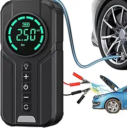 Carregador de Bateria Top Portátil 3 em 1 com Compressor de Ar para encher pneus, Luz de Emergência, Power Bank para Carro e Moto – Ideal para Viagens