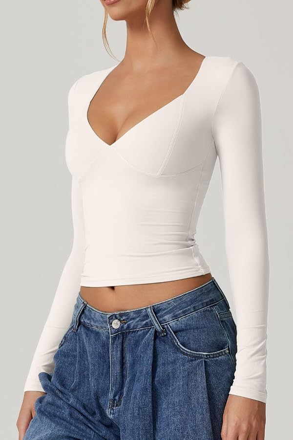 QINSEN V Neck Tops for Women Long Sleeve Crop Tops Double Lined Seamed Cup T Shirts Splashed White XL by QINSEN - Used condition - Image 5