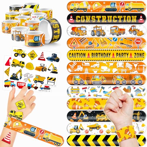 72PCS Construction Party Favor - 48PCS Temporary Pre - Cut Tattoos & 24PCS Slap Bracelets - Fun Builder-Themed Birthday Supplies, Baby Shower Gifts, Classroom Rewards & Party Decor for Kids