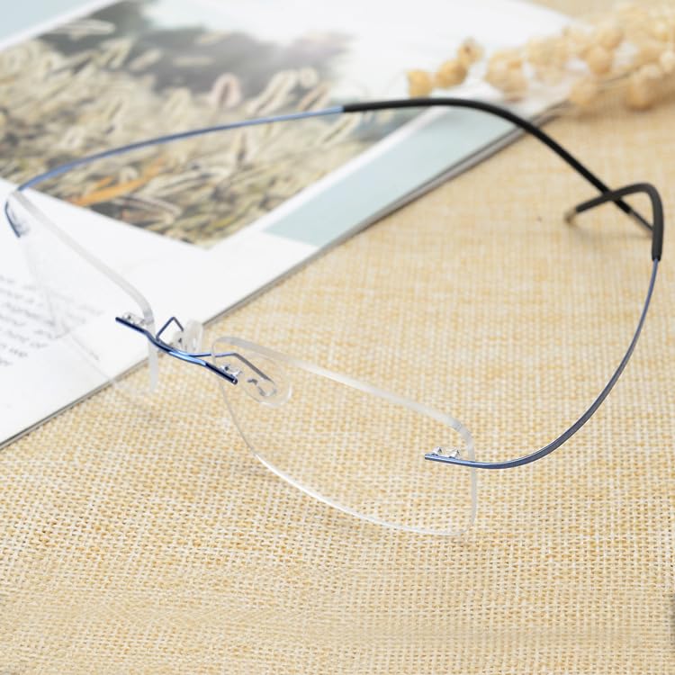Image of Rimless Flexible Titanium Alloy Men Eyeglasses Frame Clear Rectangle Ultralight (Blue)
