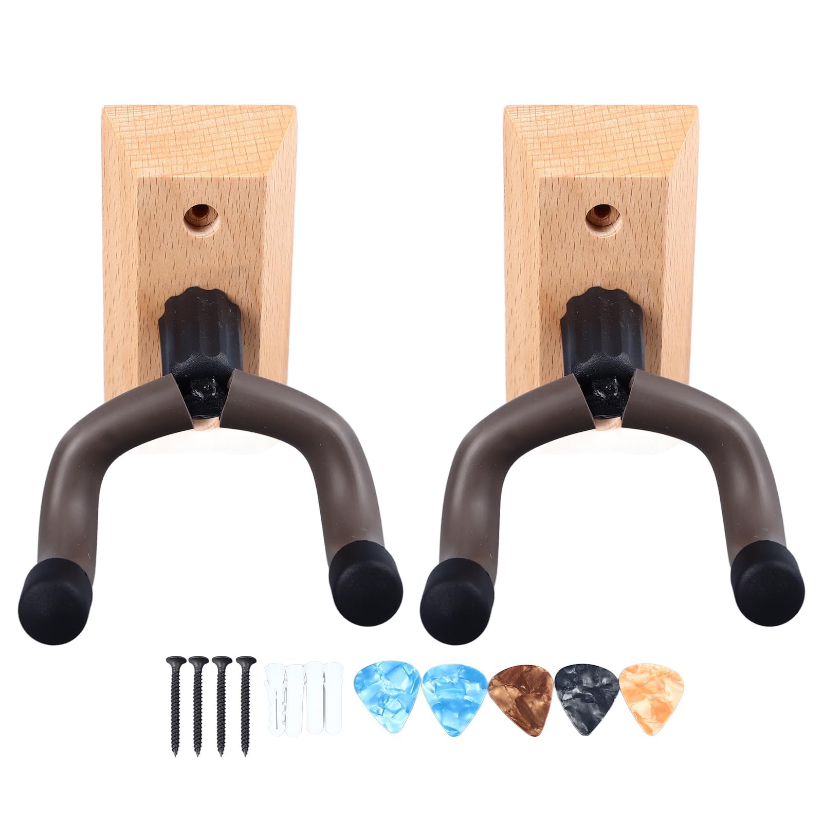 Wieszak do Montażu na ścianie z Litego Drewna i Metalu do Gitary Basowej Wieszak na gitarę z 5 Kostkami do Ukulele (2PCS)