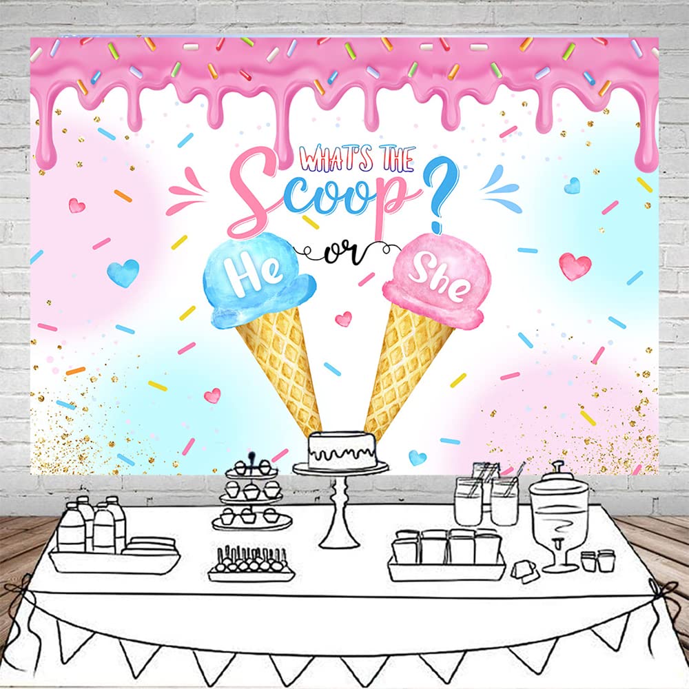 Mocsicka Ice Cream Gender Reveal Backdrop What's The Scoop Background Summer He or She Gender Reveal Party Decorations Banner Photo Studio Props (7x5ft)
