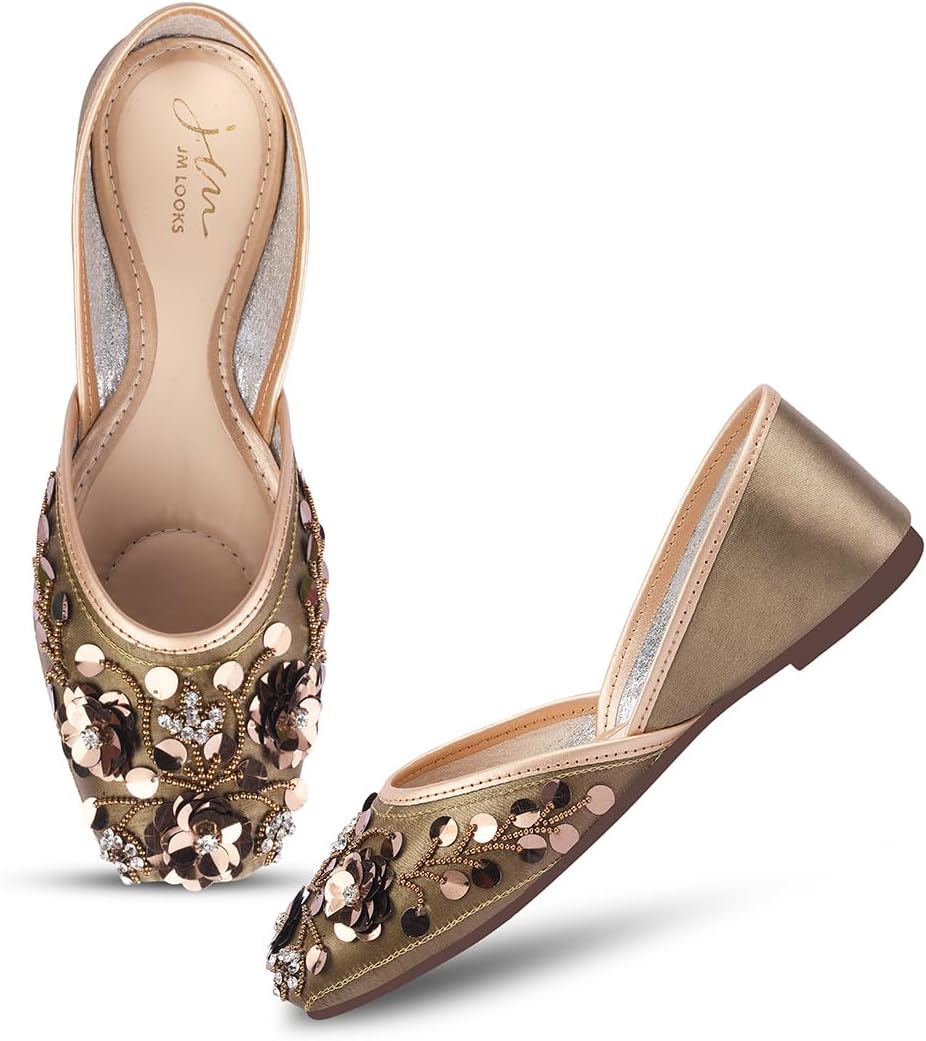 JM LOOKS Stylish Embroidered Jutti For Women/Girls | Embellished Stone Work Jutti | Wedding Bellies | Women Ethnic Shoe Traditional Mojari | Kolhapuri/Jaipuri/Punjabi Jutties |