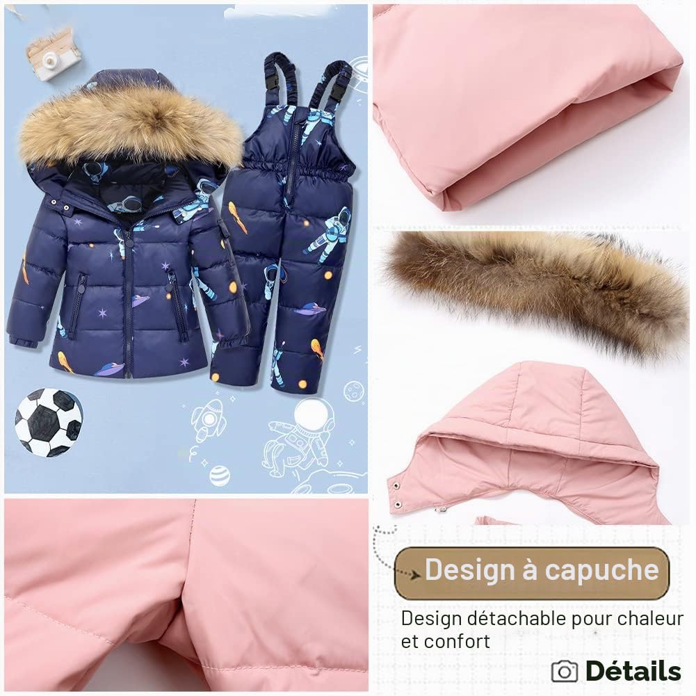 Fille Garçon Combinaison de Ski Doudoune Ensemble de Neige Veste duvet à Capuche Pantalon de Ski Chaud Vêtement d'hiver Enfant