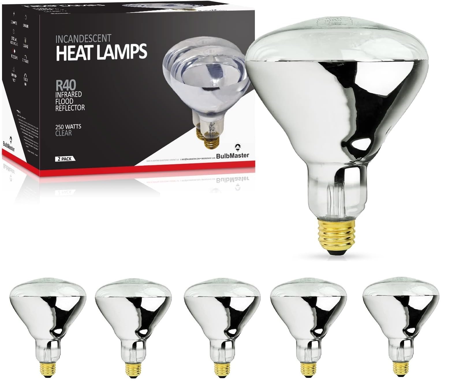 BULBMASTER 250 Watt Heat lamp Bulb for Bathroom R40 Incandescent Shower Heat Lamp Clear Infrared Bath Light 250R40 Chicken Light Bulb E26 Base 6 Pack