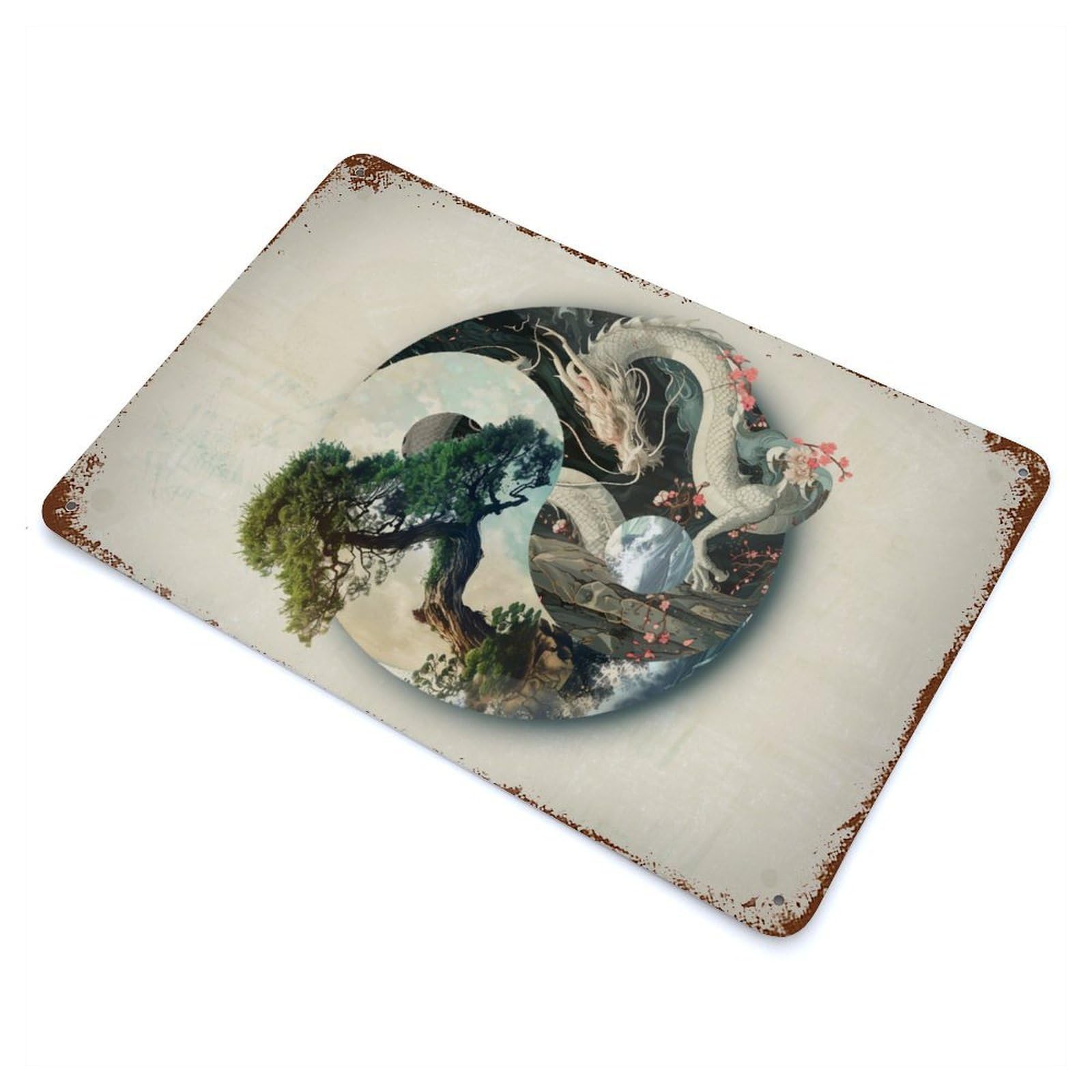 Bonsai Dragon Yin Yang Vintage Metal Tin Sign 11.8"x7.9", Farmhouse Wall Decor for Living Room, Hallway And Home Decor