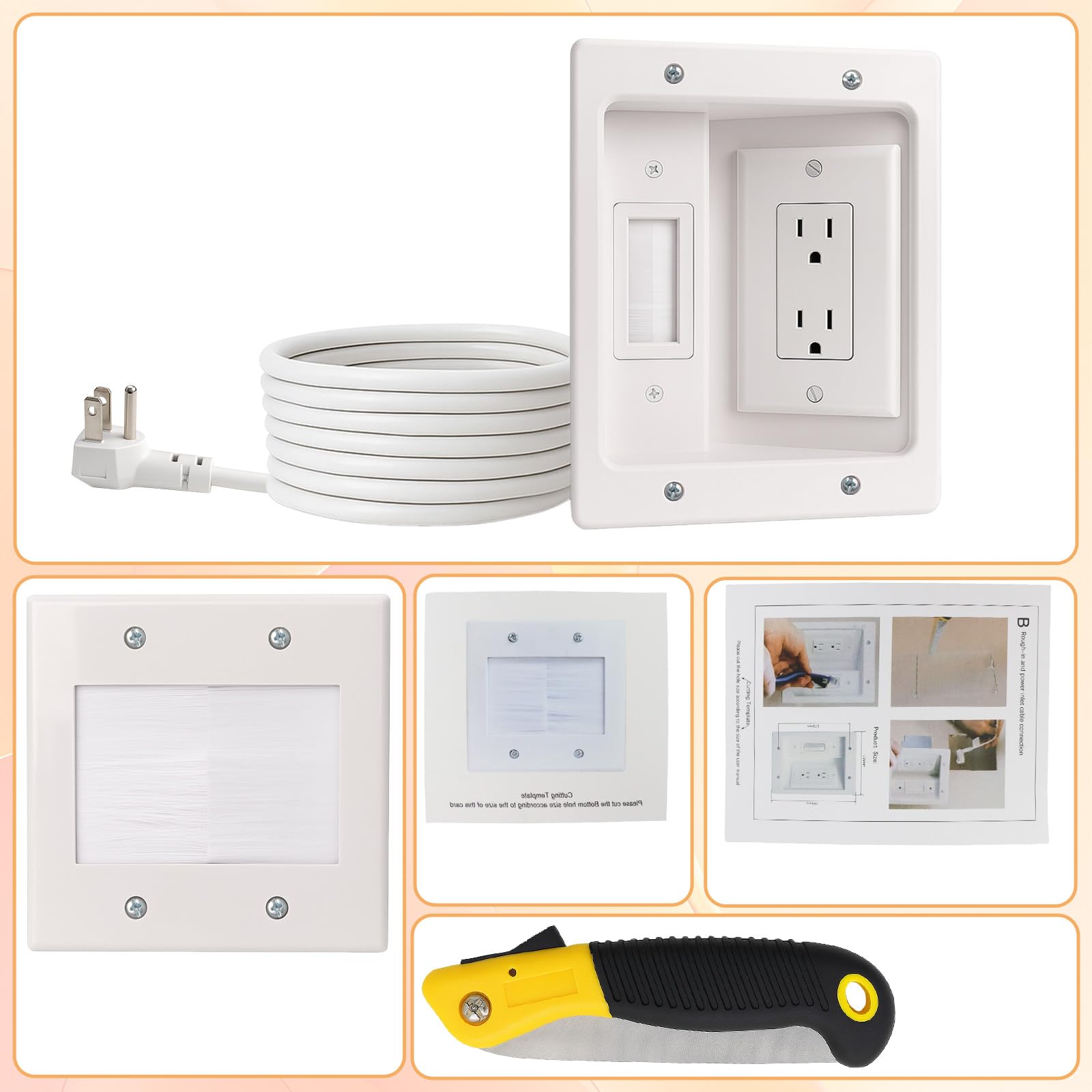 Kit correttore per TV a parete con alimentazione a incasso, presa TV a parete, presa a muro con cavo di alimentazione, kit da incasso e nascondicavo per un look pulito e professionale