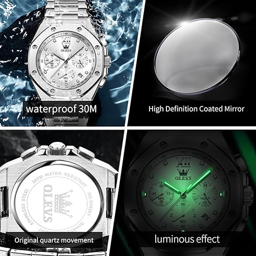 Miniatura 4 de OLEVS Reloj de acero inoxidable para hombre, octogonal de tres manecillas, de cuarzo, analógico, de lujo, fácil de leer, calendario, fecha,
