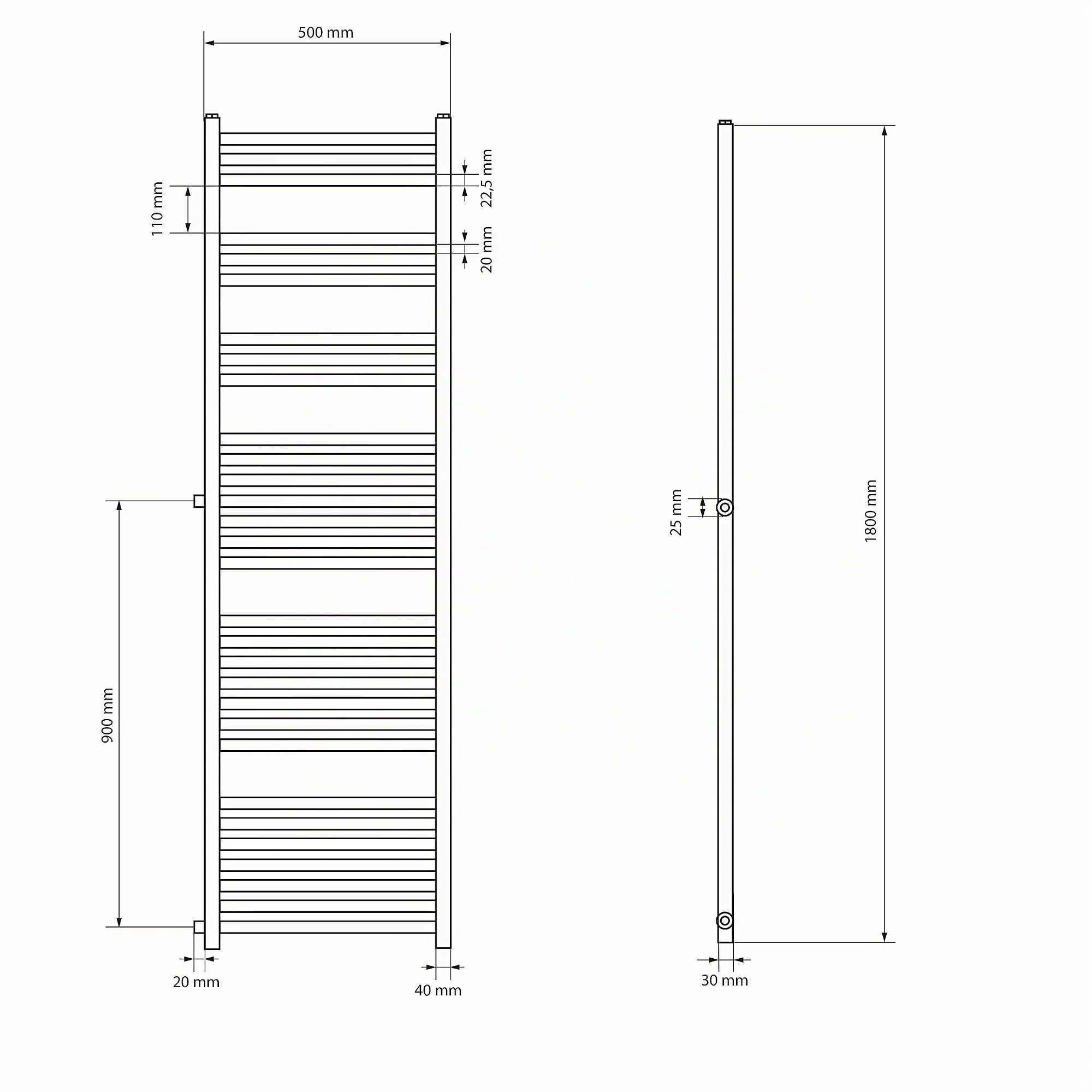 LuxeBath Radiatore da Bagno Sahara 500 x 1800 mm Bianco Dritto, Termoarredo Scaldasalviette con Connessione Laterale e Interasse 900 mm, Calorifero Design Moderno per un Comfort Termico Domestico