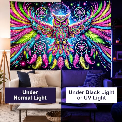 Image of BlissYard Owl Tapestry Blacklight Tapestry 79x59 Inch Trippy Wall Hanging | Trippy Decration with Uv Reactive Colors for Bedroom Dorm and Party Walls