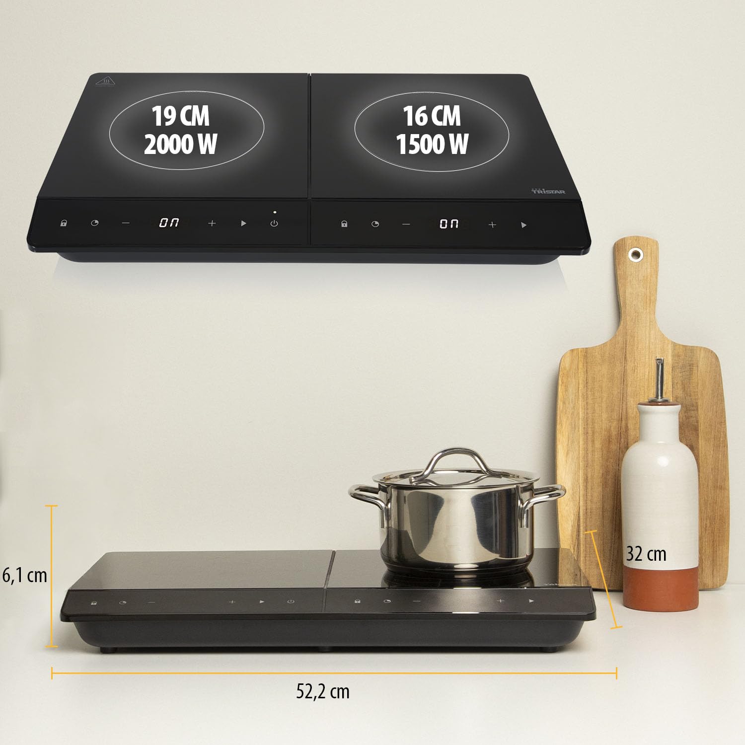 Tristar Fornello a induzione indipendente doppio, nuovo, ⌀19 e ⌀16 cm, 10 livelli di potenza, 3500 W, efficienza energetica, timer integrato, con protezione da surriscaldamento, IK-6162