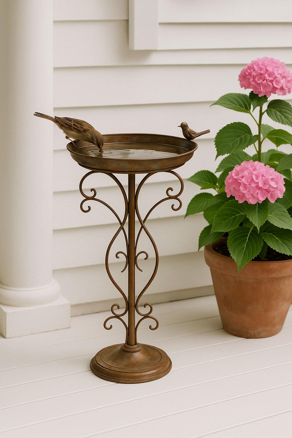 Vogeltränke VINTAGE GARTEN 74 cm Eisen Vogelbad Shabby Chic Antikoptik Wasserschale mit Figur Garten Deko Nostalgie Patina Metalltränke romantisch Terrasse Beet Wasserschale Vintage Landhaussti