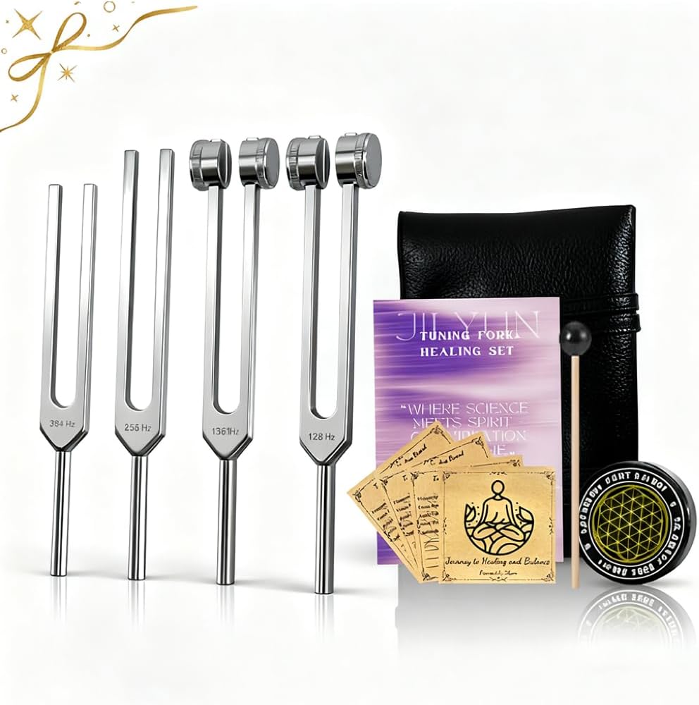 Tuning Forks for Healing Set – 128Hz, 136.1Hz, 256Hz, 384Hz Chakra Balancing with Upgraded Black Leather Pouch & Activator –Medical Grade Sound Therapy Tools for Yoga, Meditation & Energy Work