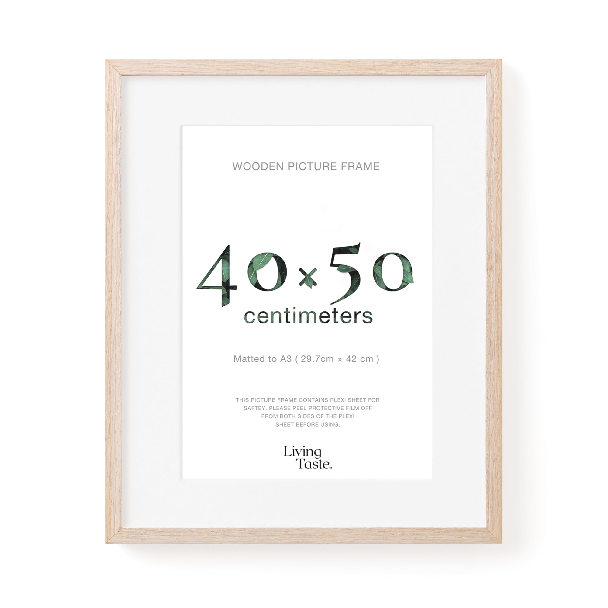 LIVINGTASTE Bilderrahmen 40x50 cm Eiche Natur mit Acrylglas Front, 1 Stück mit Passepartout für A3 (29,7x42 cm), ideal für Galerie Ausstellung, Studio Dekoration, Kunstdrucke