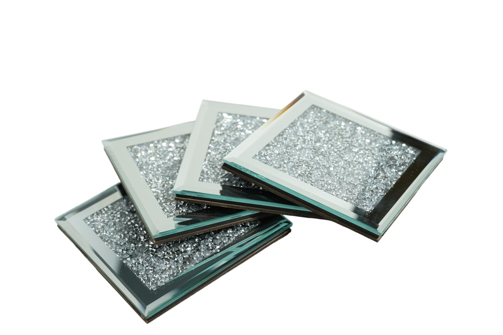 4 Pack Crushed Diamond Crystal and Mirror Coasters Set of 4 Glittering Silver Coasters for Home Kitchen Bar & Restuarant Decor (Square)