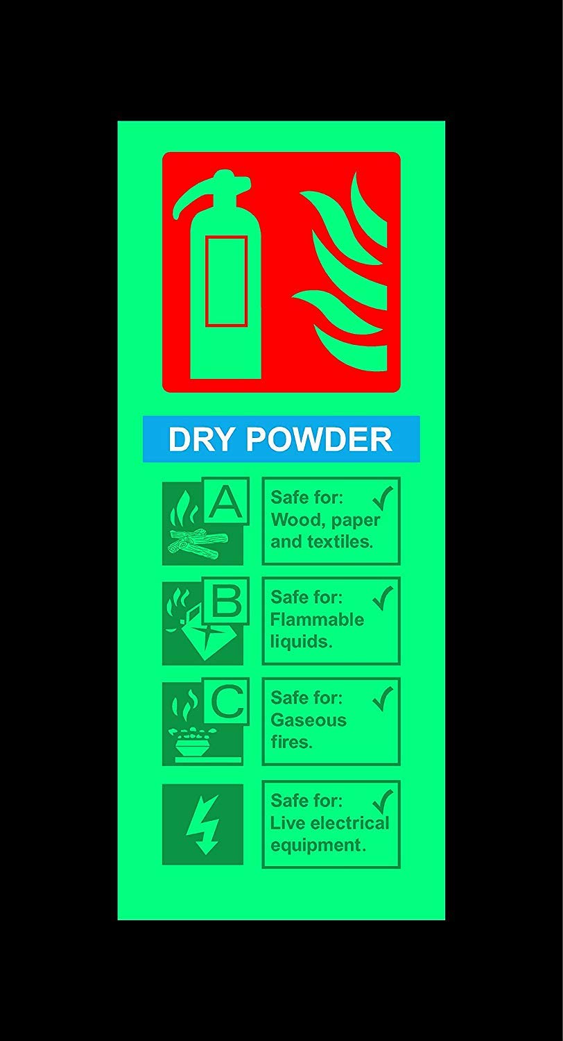 Dry powder fire extinguisher safety sign - 200mm x 80mm 1.2mm Photoluminescent rigid plastic with self adhesive backing
