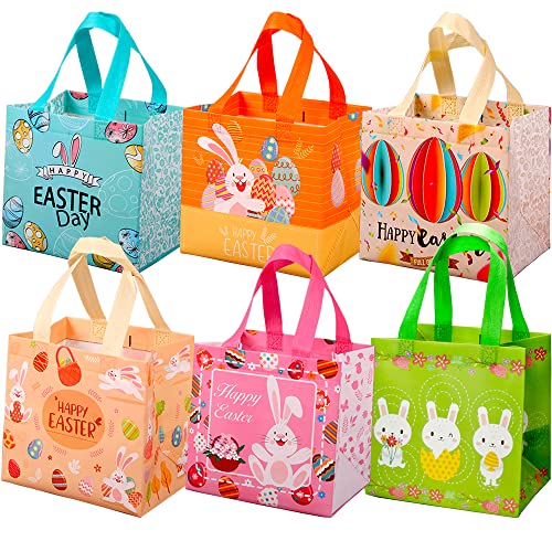 6 Pack Easter Tote Bags with Handles Non-Woven Reusable Gift Bags for Bunny Easter Egg Hunt Party Favors
