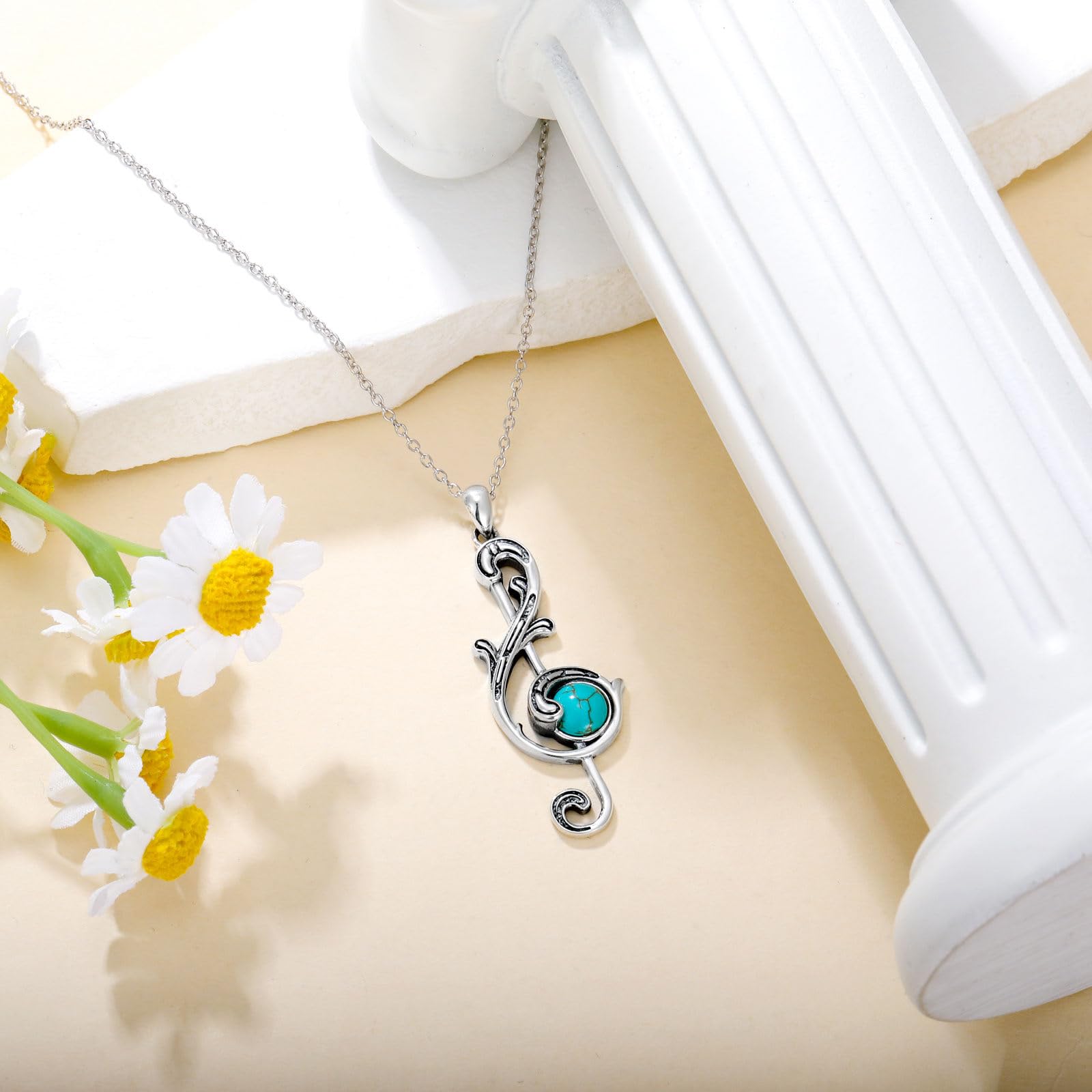 Collana da donna a forma di nota musicale turchese, in argento Sterling 925, ciondolo a forma di chiave di violino, gioiello vintage occidentale per gli amanti della musica, Argento sterling,