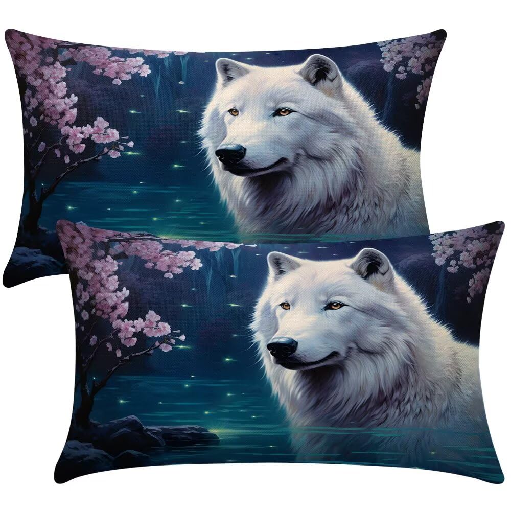 Cushion Covers 40cm x 50cm Cherry Blossoms Cushion Cover 16 x 20 Inches Pack of 2 Throw Pillow Covers Wolf Sofa Cushions Polyester Linen Pillowcases for Couch Living Room Bedroom Home Decor -SC397