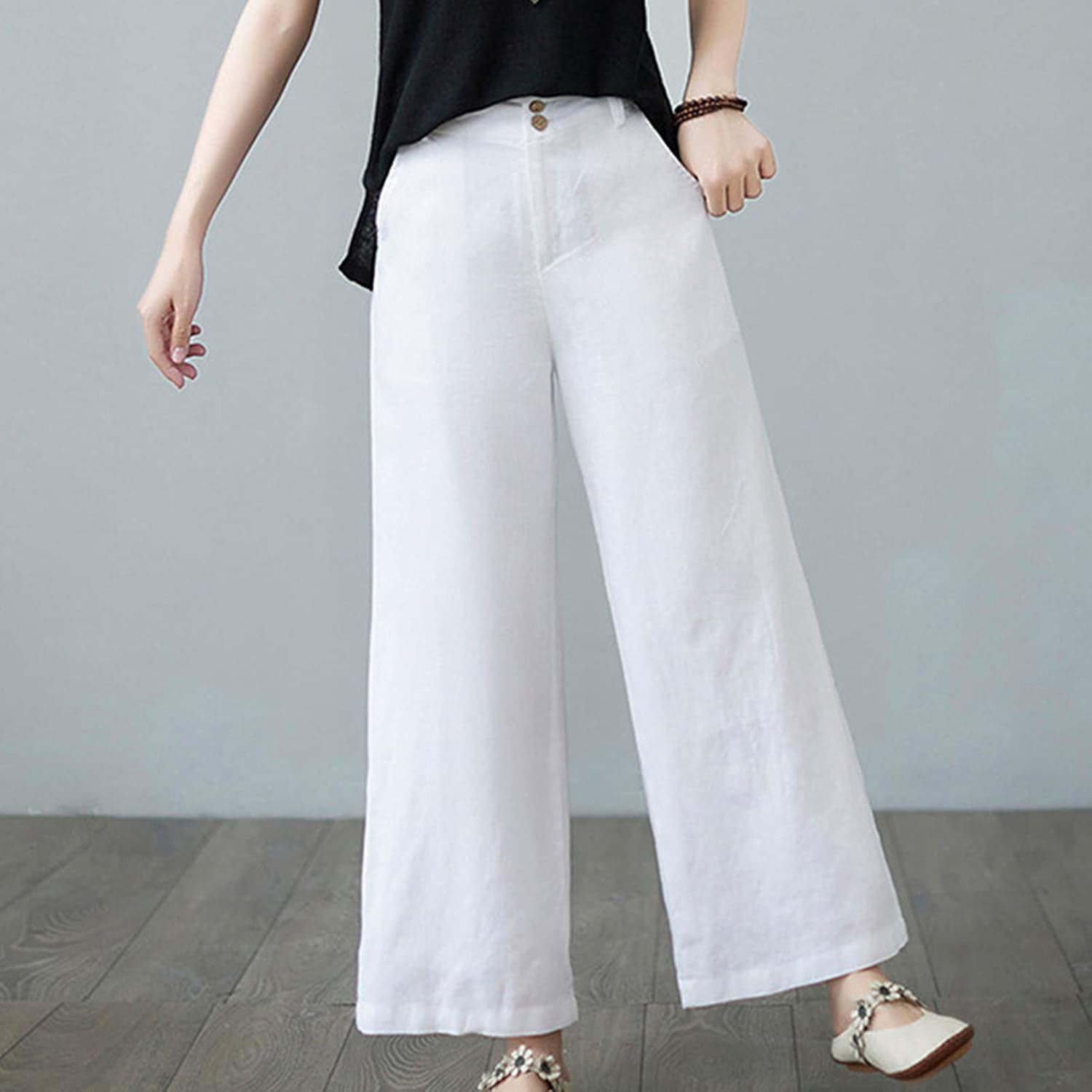 DGHM-JLMY Women's Drape High Waist Straight Trousers Casual Loose Button Cotton Linen Elastic Waist Pants Cropped Wide Leg