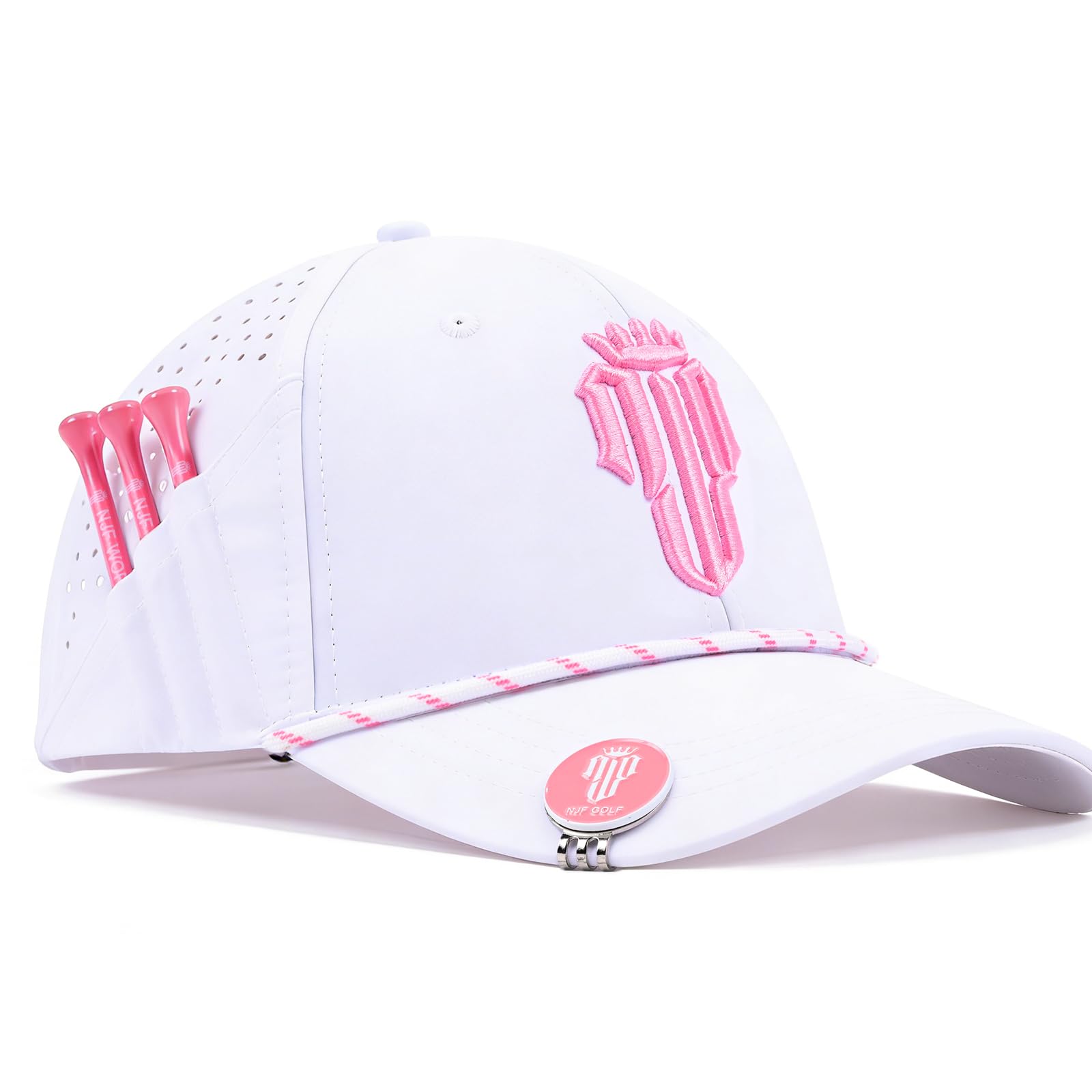 NJF Golf Hats Men – Breathable Golf Caps for Men with Tee Holder &amp; Clip-On Magnetic Ball Marker, Lightweight Adjustable Rope Mens Cap, Hook and Loop Style, Moisture-Wicking Golfing Gear, White Pink