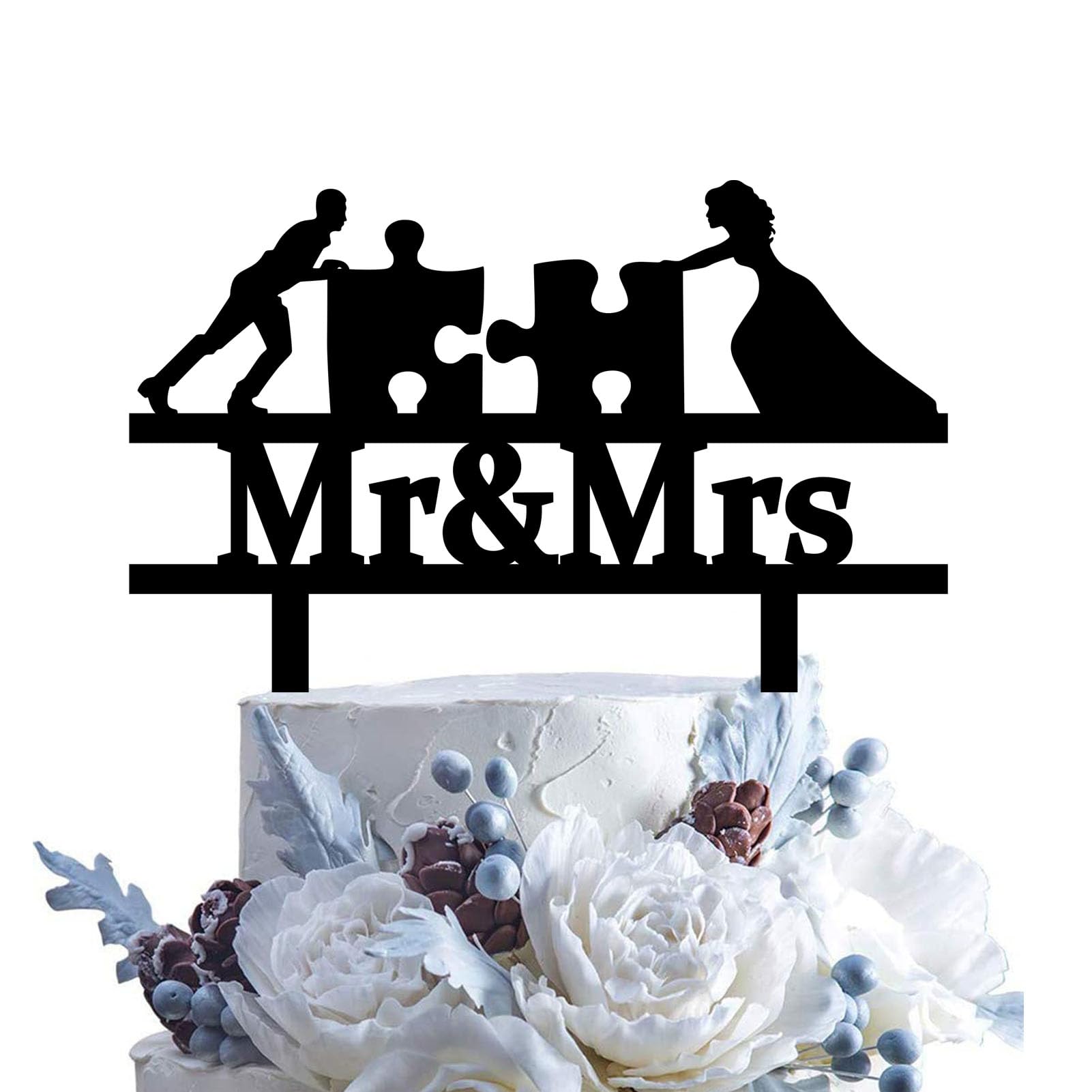 Puzzle Wedding Cake Topper - Funny Mr & Mrs Couple Topper for Bridal Shower, Wedding, Engagement & Anniversary Parties