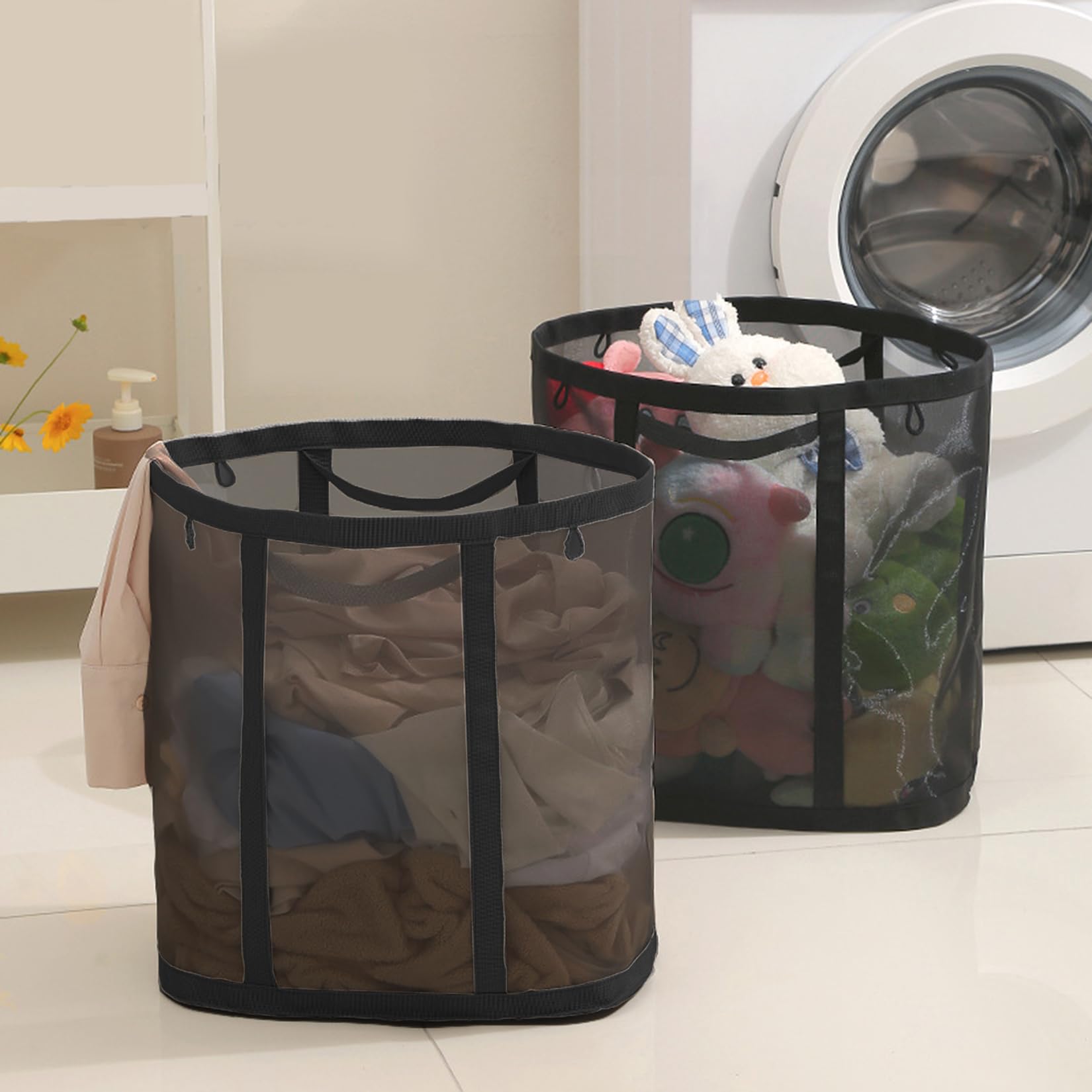 Photo 1 of HGZBS Mesh Bag with Handles, Collapsible Laundry Basket, Foldable Laundry Bag, Breathable Folding Beach Bag,Space-saving Travel Tote Bags (2, Black)