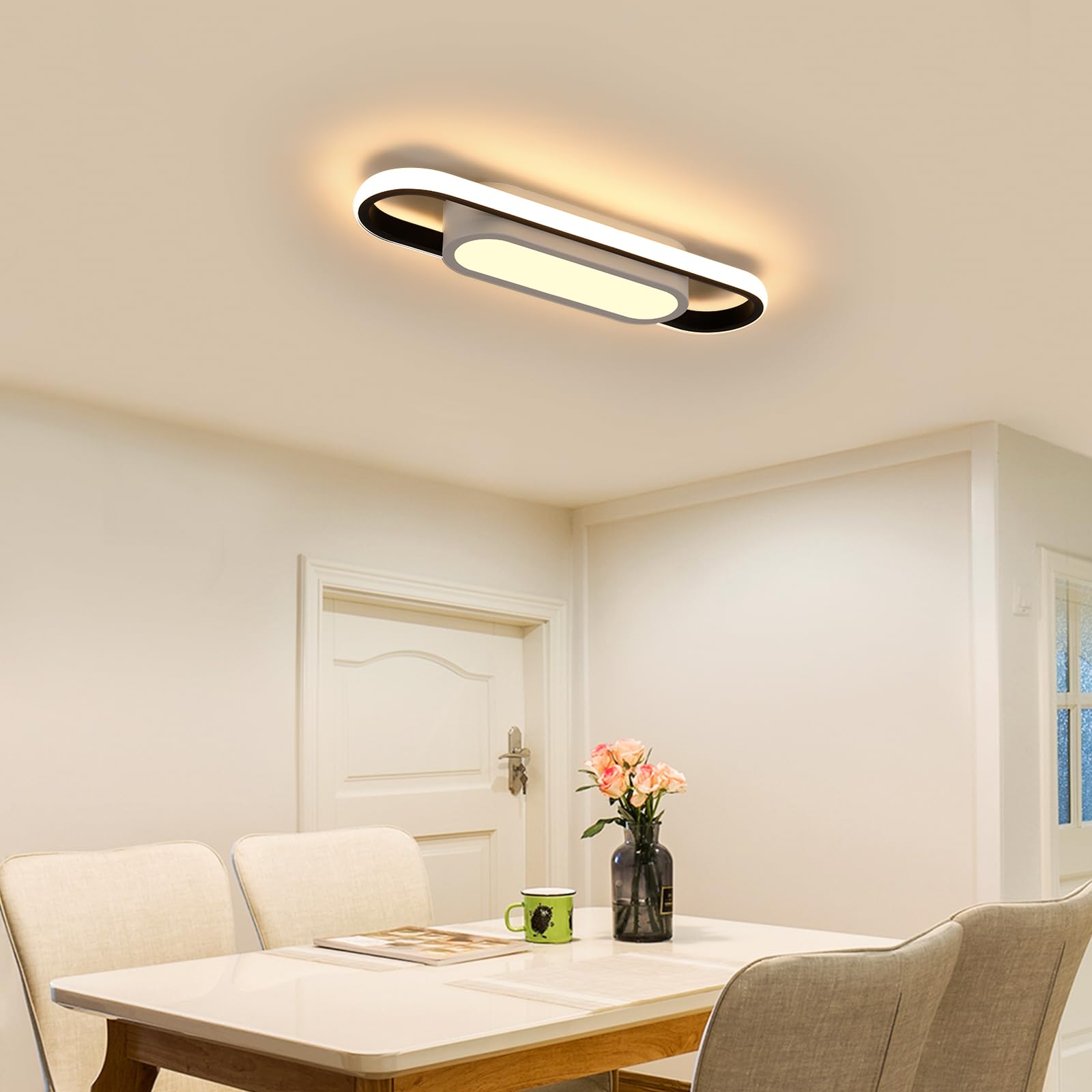 Riserva Plafón Led Techo Moderno, 30W 3000LM Rectangular Lámpara de Techo Led 3000K Luz Blanco Cálido, Luz de Techo de Acrílico para Dormitorio Cocina Pasillo, L40 *W12cm, Blanco y Negro
