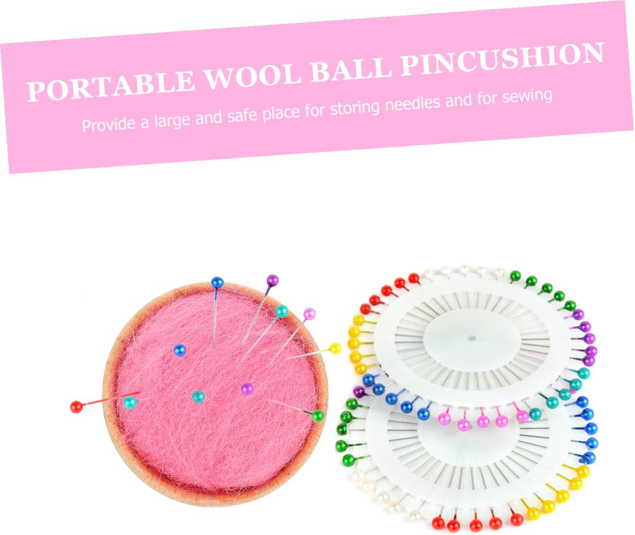 COOPHYA Half-Round Wool Ball Pincushion with Wooden Base Sewing Needle Organizer Portable Pin Cushion for DIY Sewing Crafts Red