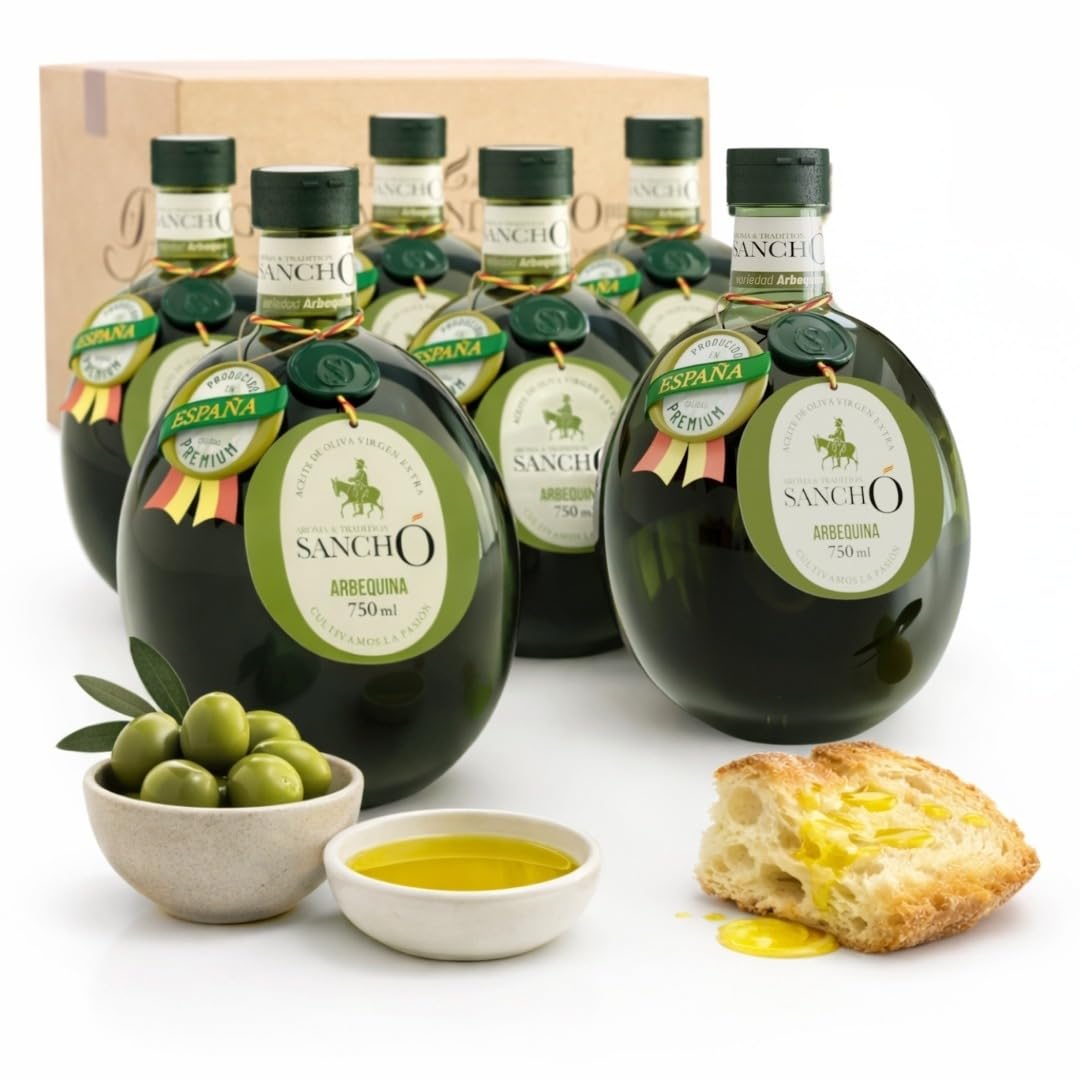 Aceite de oliva virgen extra arbequina pack 6 x 750 ml botella de plástico | aove gourmet aromático extraído en frío | aceite premium español para cocina | sancho la mancha, dop campo de montiel.