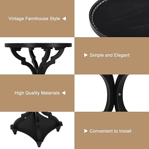 Miniatura 7 de Wnutrees Mesa auxiliar redonda de granja con estación de carga, mesa auxiliar rústica para sala de estar, dormitorio, bandeja de madera, acabado