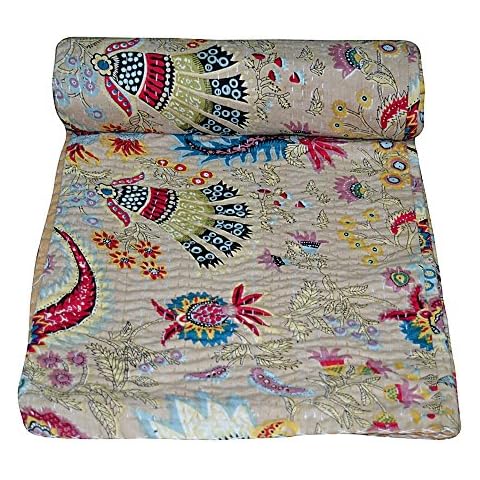 100% Cotton Quilt Floral Pattern Beige Home Décor Kantha Reverssible Bedspread Queen Size Stitch Gudri 101" X 91" Inches Cover