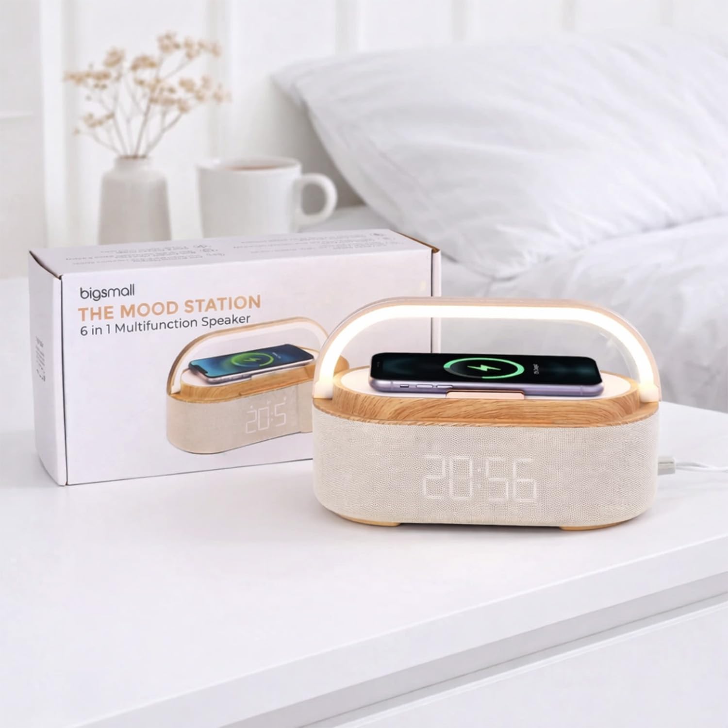 Bigsmall MoodStation 6-in-1 Bluetooth Speaker – Wireless Charging Pad (15W), LED Lamp 3 Brightness Levels, Alarm Clock, FM Radio, USB-C, 1800mAh Battery Compact 22x14x12 cm (Bluetooth Name: S29)-image-35