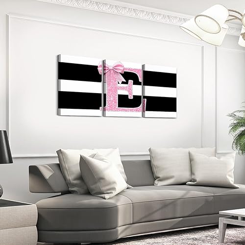 Vista 24 de Erosebridal Carteles de arte de letra N inicial de 12 x 16 pulgadas, lienzo con lazo rosa, arte de pared, diseño de lentejuelas kawaii, decoración