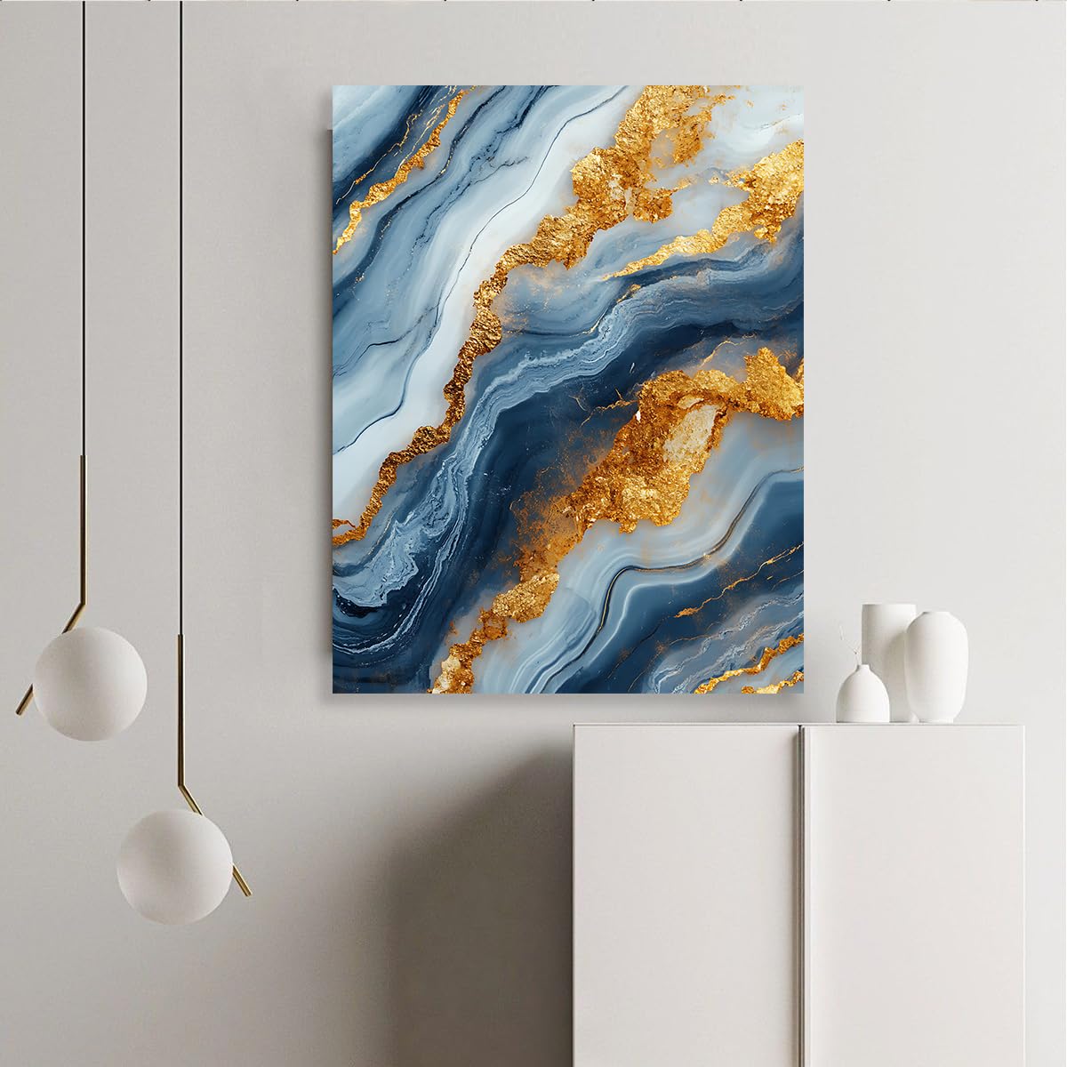 Via Vela Pintura de cartel con textura de cartel en lienzo abstracto azul y dorado en lienzo abstracto con textura de piedra natural para decoración de dormitorio y salón 70x90cm