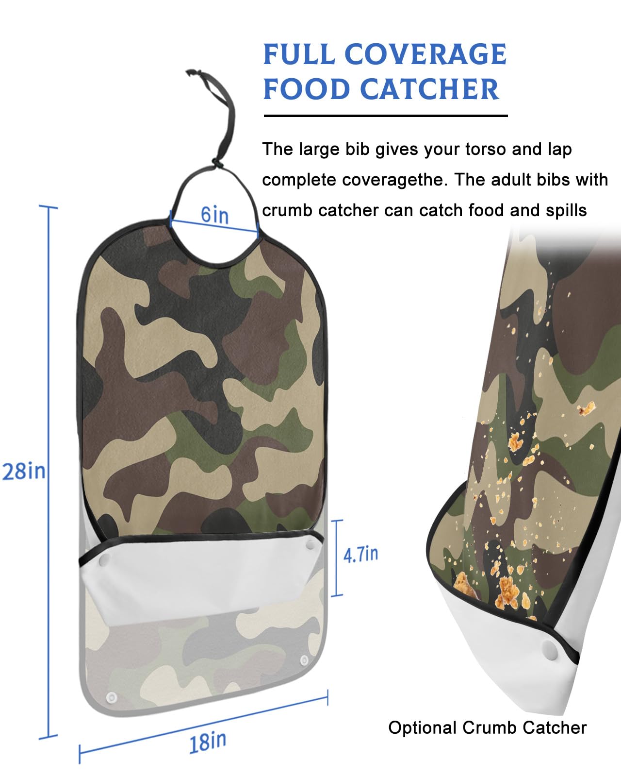 YOUNGKIDS Camo Adult Bibs for Eating, Waterproof Washable Adult Bib for Elderly Women Man, Geometric Texture Reusable Clothing Protector with Detachable Crumb Catcher - Unisex