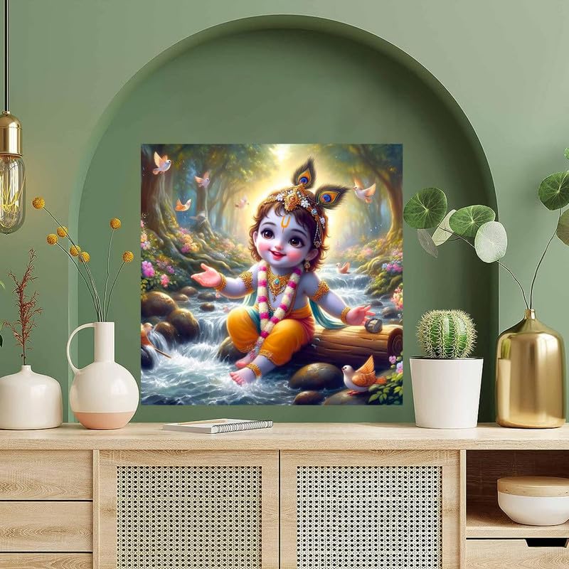 Image of British Terminal Cute little Bal Gopal Baby God Krishna| Kanha Ji | Laddu Lord Makhan Chor Painting Religious Poster for Pregnant Women for wall (matt thin vinyl,sticker,multicolor,unframed)| bj303