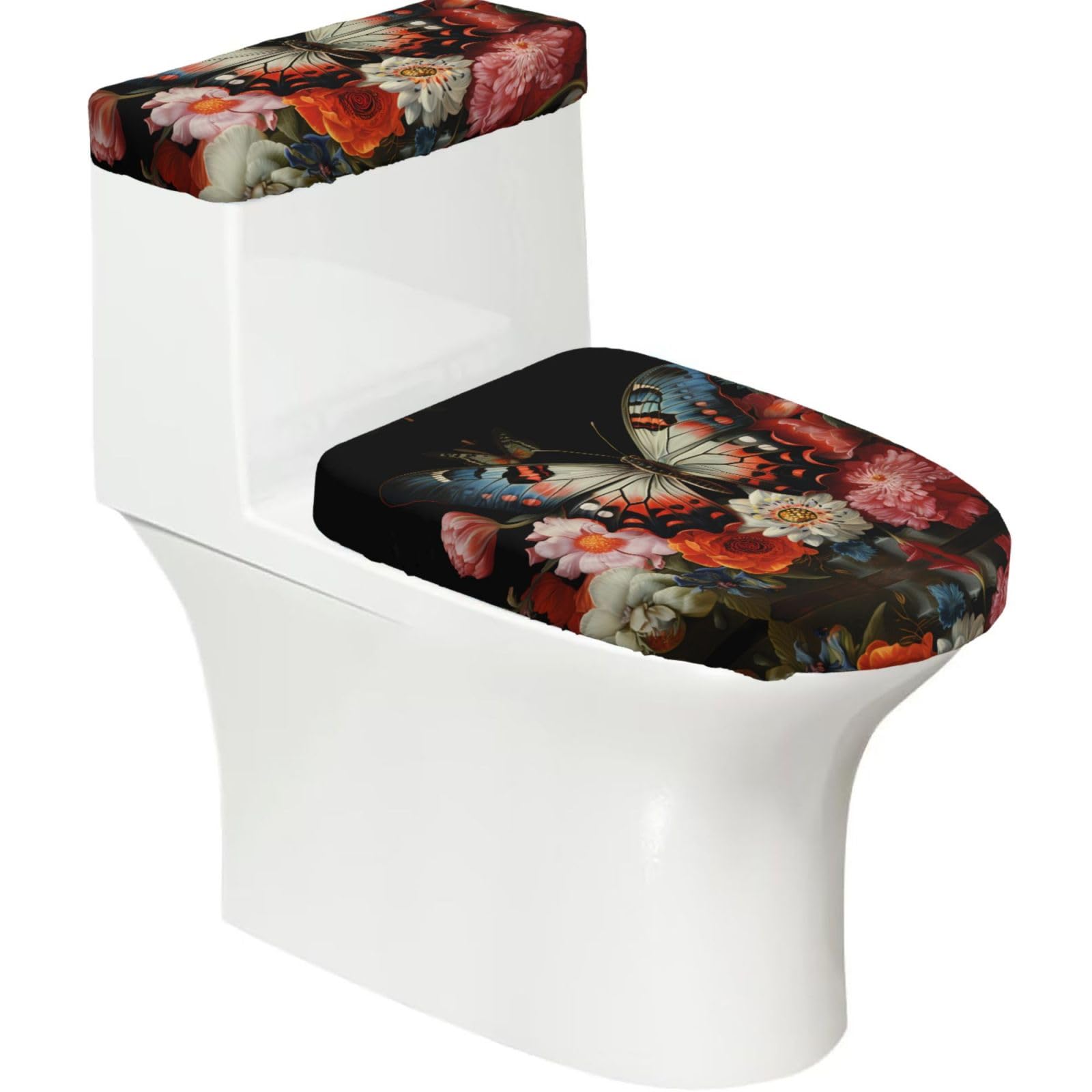 Mrowyc Black Pretty Butterfly Flowers Printed Toilet Seat Set - Set Of 2 - Universal Toilet Seat Cover - Housewarming Birthday Christmas Gift