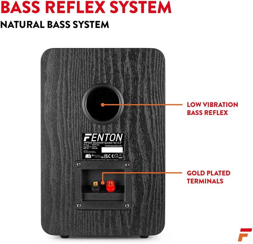 Dèyè view of a Fenton SHFB65 speaker showing the bass reflex port and gold-plated screw terminals for speaker wire connection.