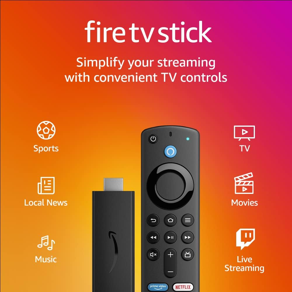 Like-New Amazon Fire TV Stick, sharp picture quality, fast streaming, free & live TV, Alexa Voice Remote with TV controls