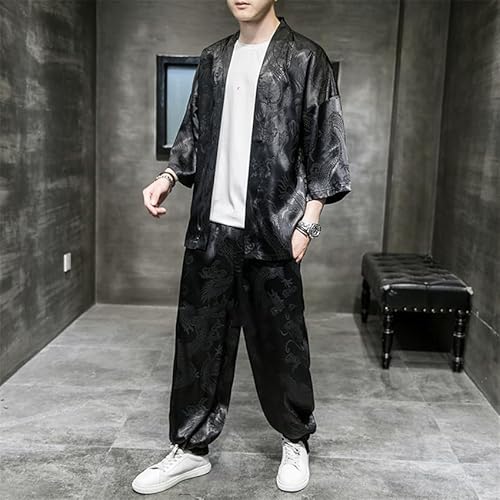 HSQIBAOER Conjunto de quimono masculino estilo japonês, roupa de verão com bordado de dragão de seda